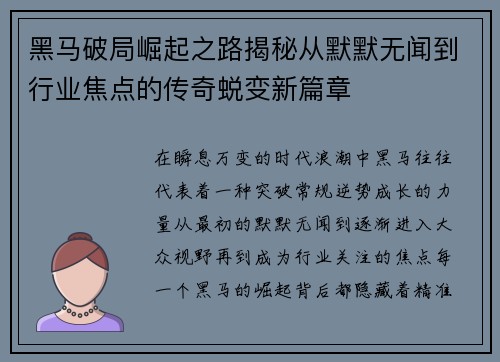 黑马破局崛起之路揭秘从默默无闻到行业焦点的传奇蜕变新篇章 黑马破局崛起之路揭秘从默默无闻到行业焦点的传奇蜕变新篇章